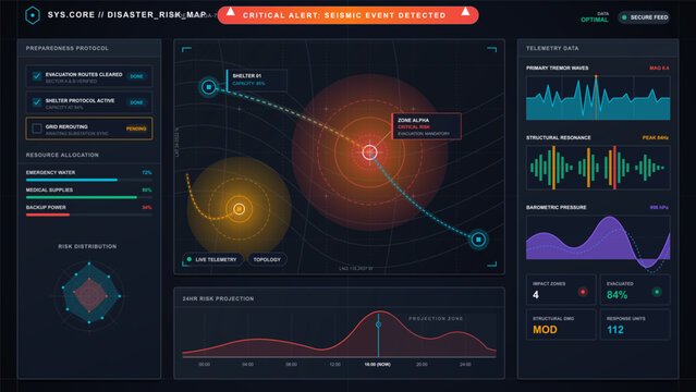 Dark disaster risk dashboard vector interface with seismic event alert, evacuation map, preparedness checklist, resource bars and telemetry charts