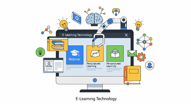 Digital monitor displays e-learning, webinar, personalized learning, knowledge