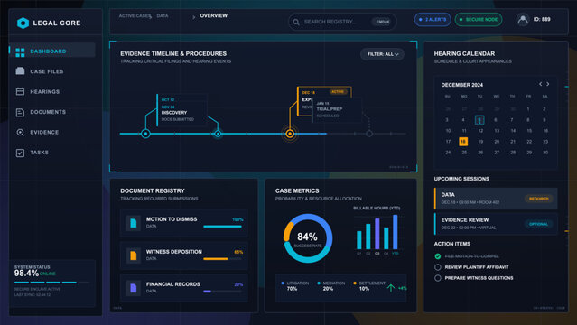 Futuristic legal case management dashboard with evidence timeline, hearing calendar, document registry, case metrics and action item widgets.
