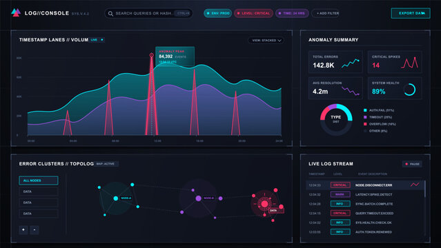 Futuristic dark log monitoring dashboard interface with timestamp volume chart, anomaly summary, error topology map and live log stream panels.