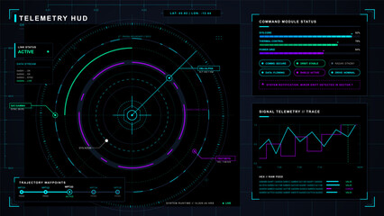 Futuristic telemetry HUD with circular radar targeting display, command module status bars, signal trace graph, waypoints, and dark neon grid © Антон Сальников