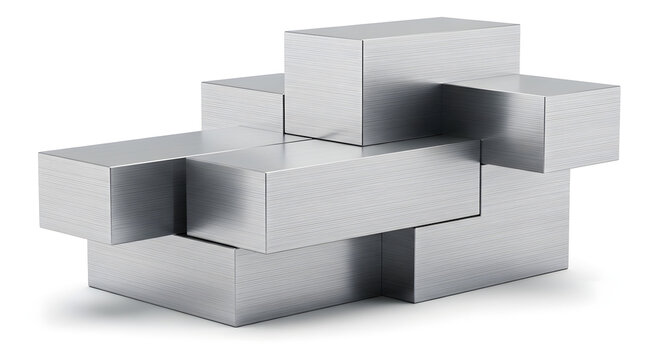 Abstract Composition of Stacked Brushed Aluminum Industrial Blocks, Futuristic Architecture and Engineering Modular Construction Concept, 3D Rendered Minimalist Metal Geometry