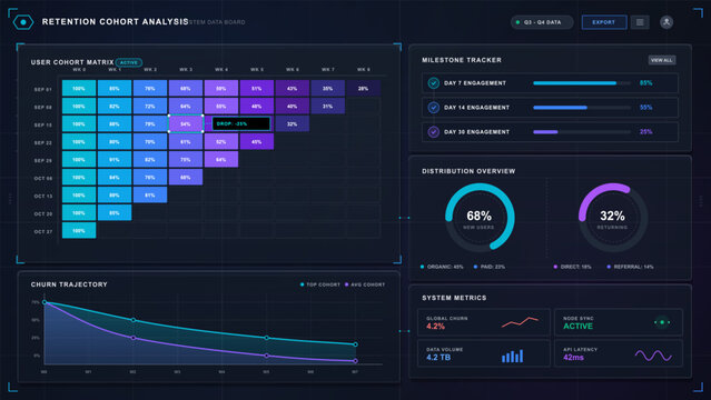 Dark retention cohort analytics dashboard with heatmap matrix, churn trajectory graph, milestone tracker, distribution gauges, and system metrics