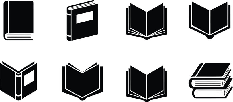Book icon set, black and white silhouette logos isolated on white background