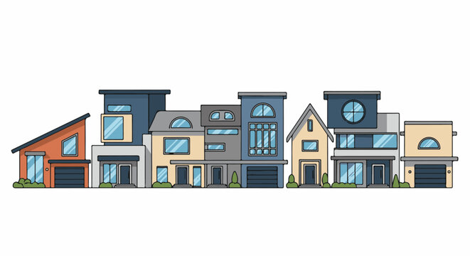 Colorful modern townhouses with varying rooflines and window designs