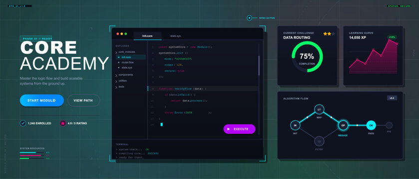 Dark coding academy interface with code editor, learning challenge progress, XP curve, algorithm flow diagram, resources and course actions