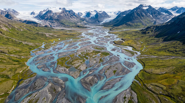 Glacial Valley With Braided River and Grey Silt for Epic Mountain Wilderness Landscape Photography Print