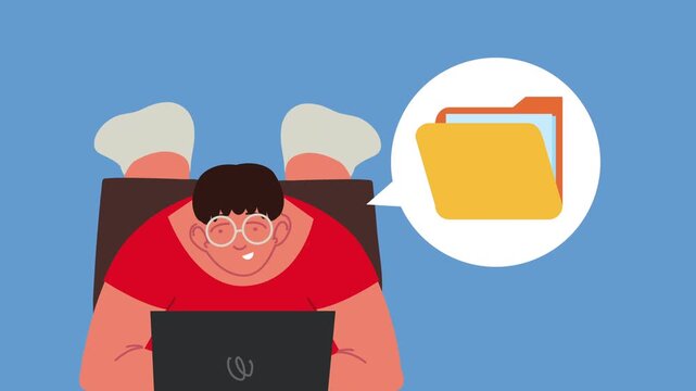 Young man using laptop while lying down with file folder speech bubble animation.