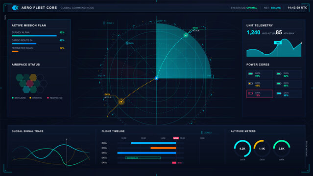 Dark aerospace fleet command dashboard with radar navigation map, mission plan, unit telemetry, signal trace, flight timeline and altitude meters