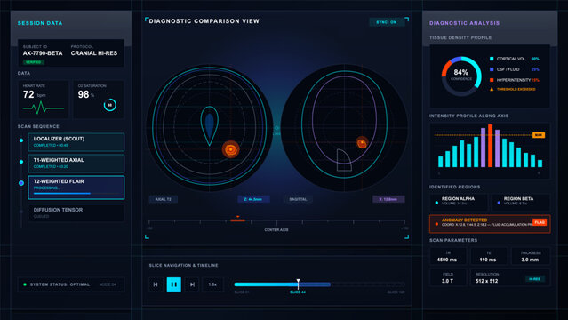 Dark medical diagnostic dashboard interface with cranial scan comparison, tissue density chart, anomaly alert, scan sequence and parameters