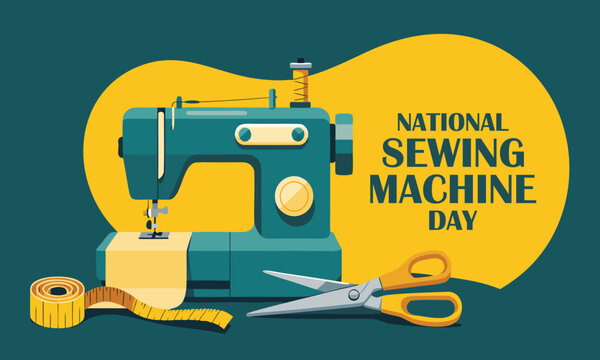 National Sewing Machine Day on June 13, business brochure design, banner flyer, vector template, cover presentation, modern edition poster, retro style on blue yellow fabric.