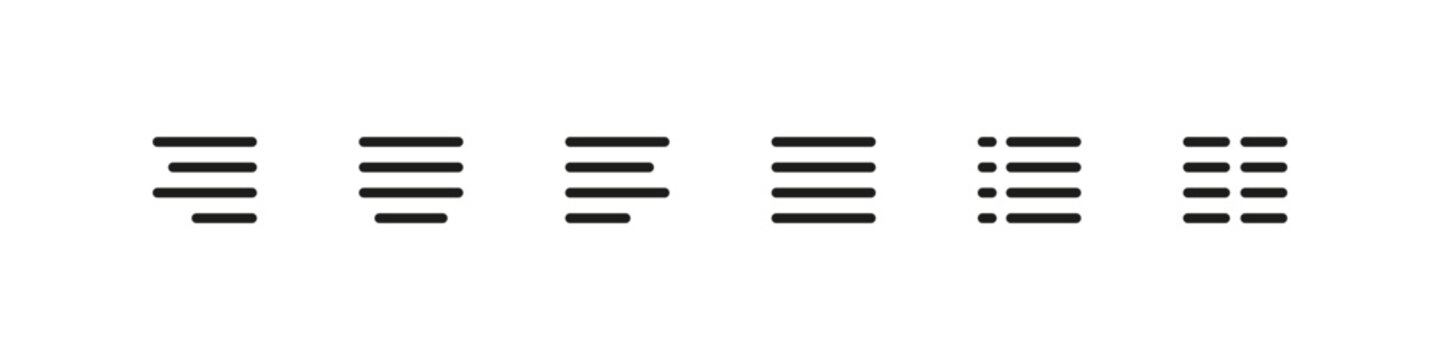 Text alignment buttons vector outline icon set. Paragraph, design, and document layout collection.