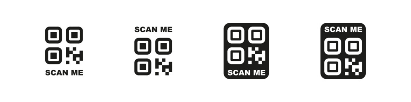 QR code button with scan me text vector icon set. Barcode, digital, and technology access collection.
