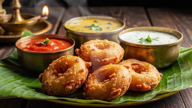 Delicious Medu Vada South Indian Breakfast served on a banana leaf with steaming sambar and chutneys for culinary documentaries and restaurant promotions.