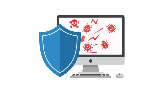 Digital shield protects computer screen from viruses, bugs, and skull icons