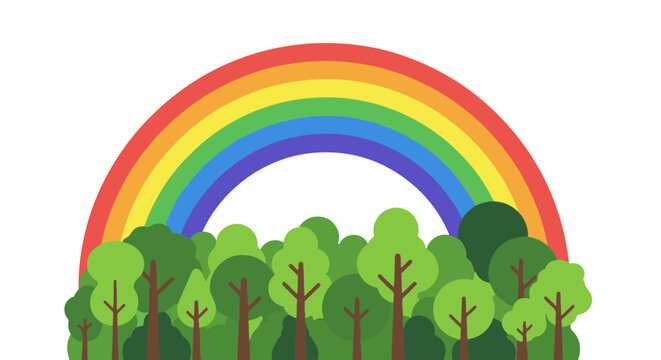 Colorful rainbow arching over a dense, green forest