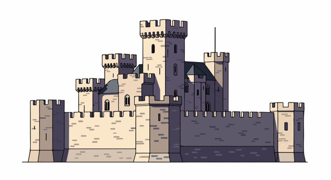 Detailed cartoon illustration of a medieval stone castle with multiple towers and walls