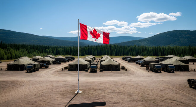 Canadian military camp with tents and flag