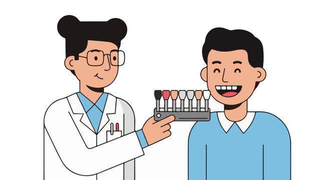 Dentist shows color chart to patient with happy expression