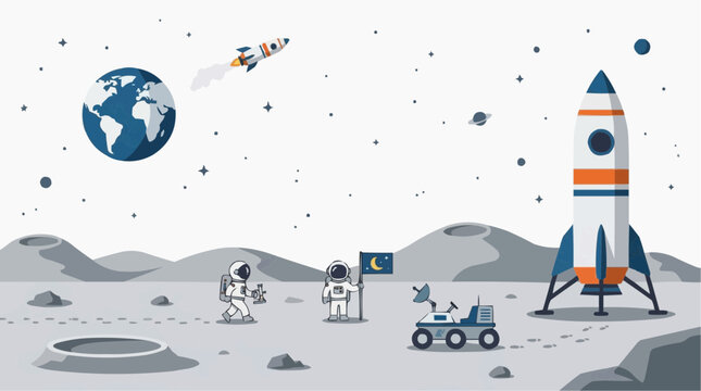 Astronauts on moon with rocket and earth in background scene