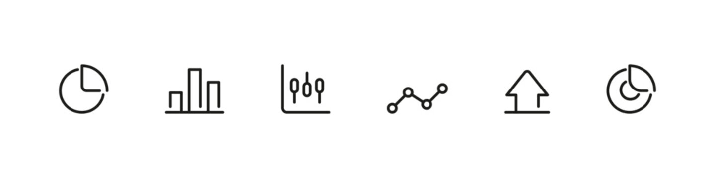 Statistics pie arrow chart vector outline icon set. Segments, distribution, and analytics measurement collection