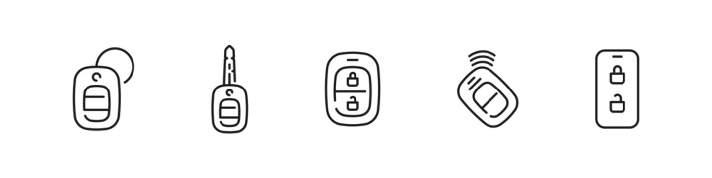 Car keys vector outline icon set. Vehicle, access, and transportation security collection