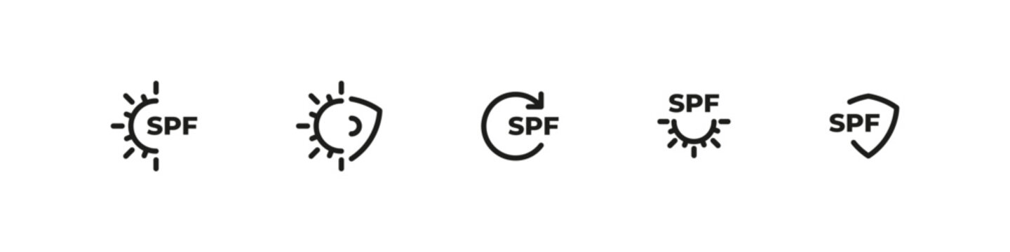 SPF protection vector outline icon set. Sun care, UV safety, and skin defense collection