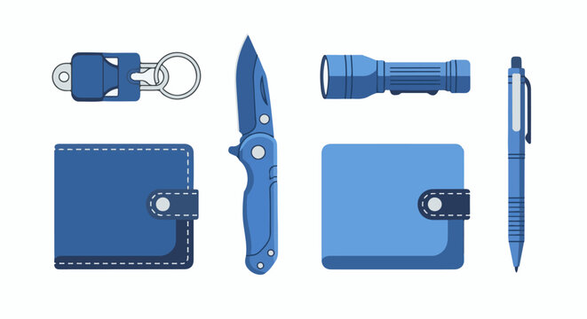 Collection of blue everyday carry items including a knife, flashlight, pen