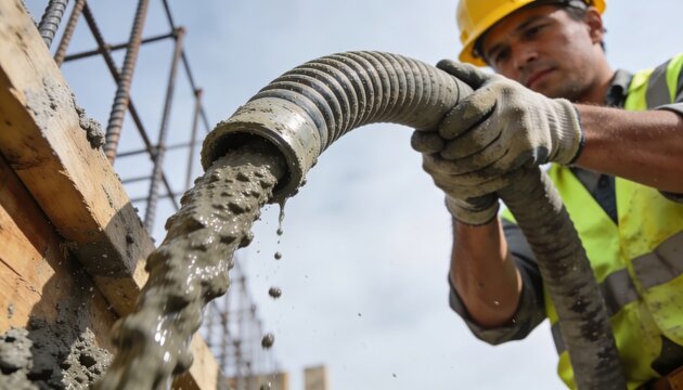 Construction worker guiding concrete pour with hose beside chute and heavy equipment outside