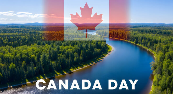 Aerial view of a winding river through a forest with a transparent Canadian flag overlay