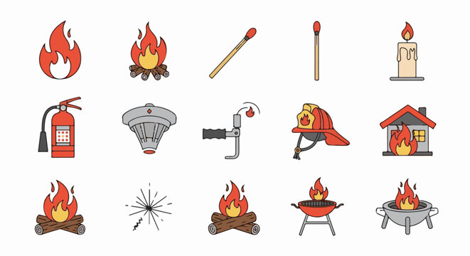 Collection of icons representing fire safety and sources of flame