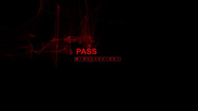 Pass status notification appears in a deep red color floating over a dark background with wispy smoke patterns and a row of small icons to indicate a failed or rejected authentication attempt now.