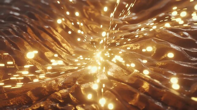 Abstract organic surface with realistic texture,
soft golden energy particles gathering and flowing inward like recharge effect
