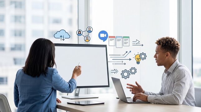 Business team collaborating on digital strategy with cloud computing icons and data analysis charts in modern office environment for corporate growth.