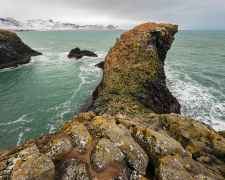 Snaefellsness Peninsula, the rocky coastline, volcanic rocks and inlets near Arnastapi.