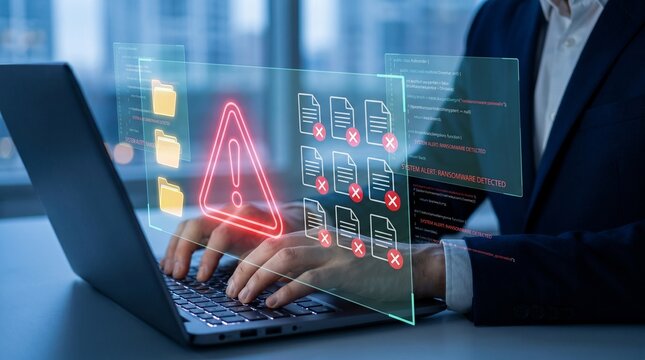Man typing on laptop with digital data error warning