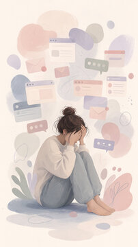 Digital Anxiety Awareness, digital anxiety awareness illustration of overwhelmed woman surrounded by social media notifications and online communication stress
