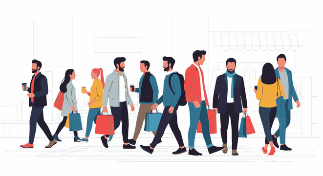 Diverse group of people walking outdoors with shopping bags and coffee