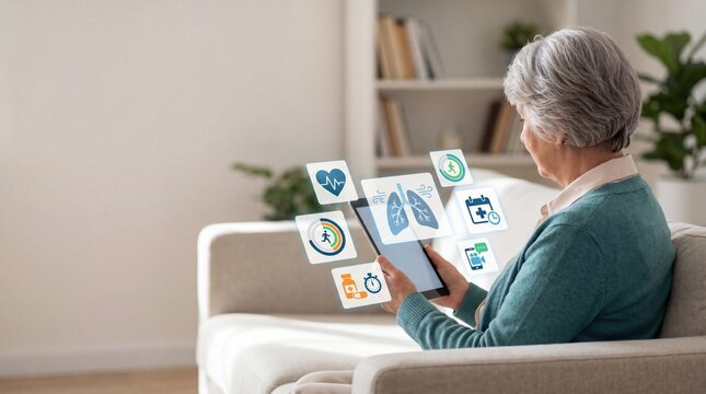 Senior woman using tablet with health monitoring icons, digital healthcare technology, telemedicine app interface, remote patient monitoring system, elderly care concept, smart