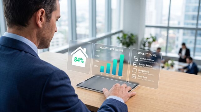 Quarterly revenue chart and project tasks list displayed as hologram above tablet, businessman reviewing budget analysis and market data in high-rise office building