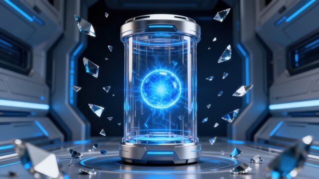 Futuristic glass cylinder with glowing blue orb