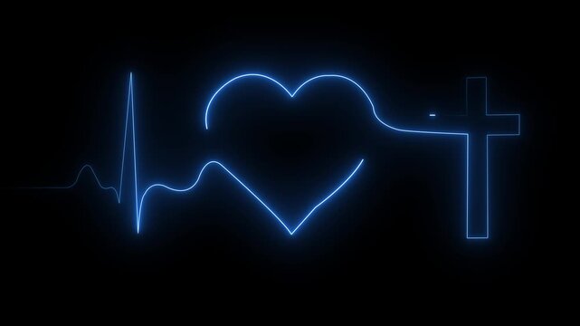 Heartbeat Pluss Animation, heart rate monitor electrocardiogram EKG or ECG looping background. Glowing Neon digital heartbeat plus Heart beat electric neon line color animation. heart rate count video