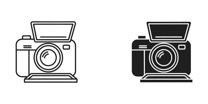 Black and white camera icons with open flash