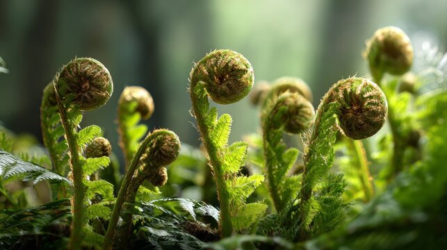 Lush, close-up shot of fern fronds unfurling, their tips curled into spirals, bathed in dappled sunlight with a soft background