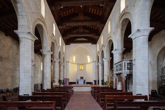 Interior of the 12th century Cathedral of the Blessed Virgin Mary of Romania, view to the apse and altar.