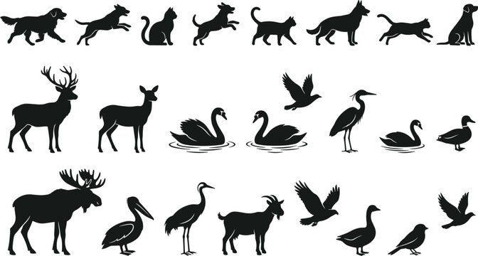 Animal silhouettes collection featuring dogs cats deer birds and wildlife in various poses isolated on background