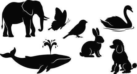 Animal silhouettes set featuring elephant whale butterfly bird swan rabbit poodle isolated black vector illustration collection © Sree