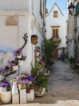 Street Scene in Locorotondo, Puglia, a narrow alleyway in a village
