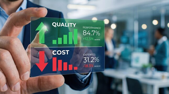 Businessman hand holding transparent glass interface showing quality performance increase and cost expense decrease charts in modern office background