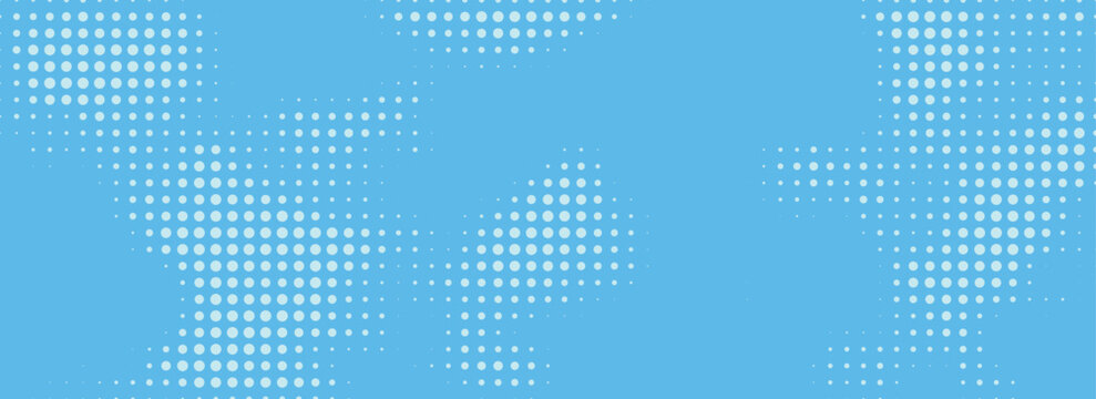 Dotted comic cloud background. Halftone clouds in bright blue sky. Pop art heaven wallpaper for banner, brochure, collage, leaflet, poster, flyer. Pixelated smoke, fog or smog texture.Eps10